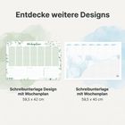 "Entdecke weitere Designs" oben; unten zwei Schreibtischunterlagen mit Wochenplan, eine mit Blättermuster, die andere geometrisch.