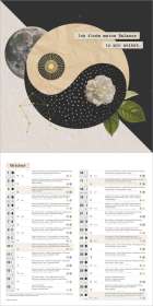 Text: „Ich finde meine Balance in mir selbst.“ Darunter ein Kalender für Oktober. Illustration mit Yin-Yang-Symbol.