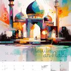 14. August, Maulid an-Nabi, Geburtstag des Propheten. Eine bunte, moderne Illustration einer Moschee mit Kuppeln und Türmen.