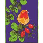 Zahl 9 unten, Kalenderdaten darunter. Illustration: Rotkehlchen auf Zweig mit Blättern und Hagebutten, lila Hintergrund.