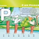 "Februar P wie Pelikan" oben, großer Buchstabe "P", Pelikan-Illustration auf Holzpfählen in einem Teich.