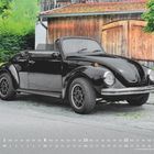 „AUGUST 2027.“ Ein schwarzes Oldtimer-Cabrio steht vor einer Holzhütte, umgeben von grünem Laub.