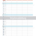 "Vorjahresabbildung" zeigt einen Kalender im August mit Illustration eines orangefarbenen Oldtimers und VW-Logo oben.