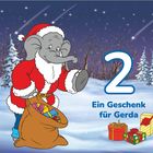 Text: "2 Ein Geschenk für Gerda" Illustration: Ein Elefant im Weihnachtsmannkostüm hält einen Sack mit Geschenken. Winterlandschaft.