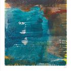 Oktober 2027. Kalenderblatt mit abstrakter Kunst in Blau- und Brauntönen.
