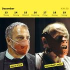 Kalenderwoche 50 mit Daten. Links eine Person mit Maske, rechts Hannibal Lecter mit Maske. Beide mit gelben Namensschildern.