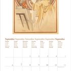 September-Kalender mit Gemälde einer Frau in eleganter Pose, umgeben von floralen Mustern.