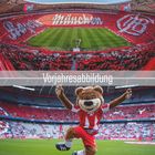 Text: "Vorjahresabbildung". Stadion mit rot-weißer Choreografie, tanzender Maskottchenbär auf Spielfeld. Kalender mit Datumsleiste.