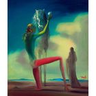 Illustration von Salvador Dalí: Eine Figur kniet vor einem Pferd und hält eine Kugel, im Hintergrund ein Schleiergestalt.