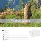 "Vorjahresabbildung", "Mount Rainier – Der Berg der fliegenden Untertassen", "Juli", "Montag 13", "Sonntag 19". Ein Murmeltier in einer Blumenwiese vor Bergen.