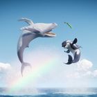 Zwei springende Wale und ein Regenbogen über dem Meer, mit blauem Himmel und weißen Wolken im Hintergrund.