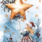 "16" in einem Schneeflockensymbol; "STARS" unten. Mädchen in Weihnachtskleidung hält Sternballon, umgeben von Stechpalmen.