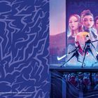 Rechts: "Huntrix World Tour" mit Frauen auf einem Bildschirm, darunter drei Figuren mit Schwertern. Links: abstrakte blaue Muster.