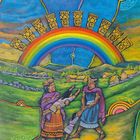 "ZEHN DER KELCHE" steht unten. Oberhalb Regenbogen, Menschen in farbenfroher Kleidung, Dorf im Hintergrund.