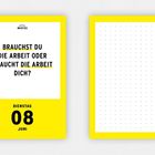 "Brauchst du die Arbeit oder braucht die Arbeit dich?" Dienstag, 08 Juni. Links Text in gelbem Rahmen, rechts Punkte.