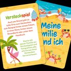 "Meine Familie und ich" und "Versteckspiel" sind die Titel. Eine Illustration mit Krabben, einem Flamingo und einem Palmenstrand.