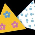 Illustration zweier Dreiecke: Eines gelb mit Blumen, das andere weiß mit blauen Punkten.