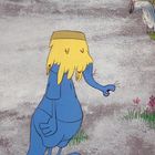 Illustration eines blauen Wesens mit langem Arm und gelbem Haar vor einer grau-weißen Wand, Blumen am Boden.