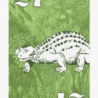 Oben links und unten rechts steht die Zahl "27". Illustration von einem gepunkteten Reptil auf grünem Pflanzenhintergrund.