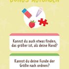 BONUS-AUFGABEN. Zwei Fragen: "Kannst du auch etwas finden, das größer ist, als deine Hand?" und "Kannst du deine Funde der Größe nach ordnen?" Oben sind ein Bleistift, Haarspange, Himbeere und Puzzlestück abgebildet.