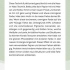 Text: Trocken-in-Nass-Technik. Beschreibung einer Maltechnik: Benetzung des Papiers mit Wasser und Farbe für florale Texturen.