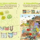 Der Text enthält zwei Überschriften: "Die Olchis lieben müffelnde Unterhosen!" und "In Schmuddelfing". Links sind grüne Wolken mit Namen, rechts eine belebte Szene.