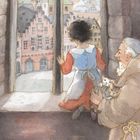 Ein älterer Mann hält zwei Katzen, während ein Kind aus einem Fenster auf eine historische Stadtansicht blickt. Illustration.