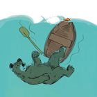 Nr. 7: Ein Bär treibt rücklings im Wasser neben einem umgekippten Ruderboot und einem Ruder.