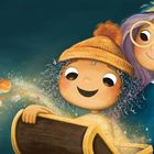 Illustration: Kind mit orangener Mütze hält ein großes Buch. Kugeln und Sterne fliegen daraus, fröhliche Begleitfigur.