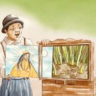 Ein fröhlicher Junge in traditioneller Kleidung zeigt Gemälde: links Frau im gelben Mantel, rechts Bambuswald.