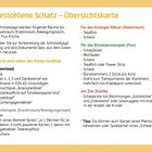 "Der gestohlene Schatz – Übersichtskarte" oben. Text beschreibt Materialien und Räume für eine Schnitzeljagd. Rechts Schatztruhe-Illustration.