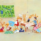 Ein Poster mit einer Landkarte hängt an der Wand. Kaninchen studieren Karten, sie sind beschäftigt und aufmerksam.