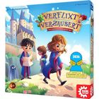 „Verflixt verzaubert“, 2026. Drei Kinder mit magischen Gegenständen, Schloss im Hintergrund. Nominiert für Kinderspiel des Jahres.