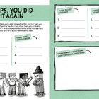 Texte: "Oops, You Did It Again", "Three Most Epic Fails", "Three Most Difficult Mobs", "Three Silliest Mistakes", "Three Things You’d Do Differently", "Draw or write about your most ridiculous death here!" Unten links sind Zeichnungen von blockartigen Figuren in Schwarz-Weiß.