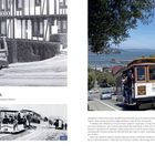 STREETCARS OF SAN FRANCISCO, CALIFORNIA. Straßenbahn bergauf, links schwarz-weiß, rechts in Farbe, Häuser im Hintergrund.