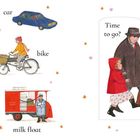 „Things that go“, „car“, „bike“, „bus“, „milk float“, „Time to go?“ Links Fahrzeuge, rechts Familie.