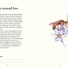 "Panzer’s nomad bee" mit wissenschaftlichem Namen "Nomada panzeri." Illustration einer Wespe auf lila Blumen.