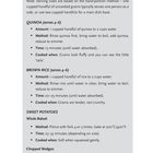 Methoden zur Zubereitung von Quinoa, braunem Reis und Süßkartoffeln mit Mengen und Kochzeiten.