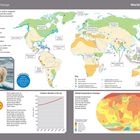 Texte: „Climate change facts“, „The greenhouse effect“, „Carbon dioxide in the air“, „Global temperature changes“.  
Illustration über Klimawandel. Karten und Diagramme zeigen Auswirkungen auf die Welt. Ein Eisbär auf schmelzendem Eis.