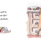 Text: "and I work even harder in the kitchen." Illustration: Hund schläft, steht dann an Küchentresen mit Pfoten oben.