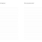 Links oben: "What lessons has life taught you?". Rechts oben: "Who is your greatest teacher?". Darunter linierte Seiten.