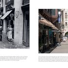 Texte: "London Court", "The Tudor-style arcade has become a major tourist attraction". Links 1937: Personen in historischen Kostümen. Rechts heute: Einkaufspassage mit Geschäften und Post.
