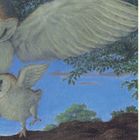 Eine Illustration zeigt eine große Eule mit einem Küken auf einem Ast bei blauem Himmel. Text beschreibt eine Geschichte.