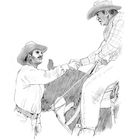 Seite 30. Zwei Cowboys mit Hüten schütteln sich die Hand, einer steht, einer sitzt auf einem Pferd. Skizzenhafte Illustration.