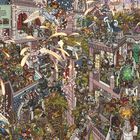 Text oben links: "NEVERWINTER". Farbenfrohe, chaotische Illustration einer belebten Stadt mit vielen unterschiedlichen Charakteren.