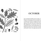 Links Illustration von Eichenblättern und Eicheln, rechts Text über Yorkshire im Oktober, Jane Eyre und Wuthering Heights.