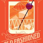 "OLD FASHIONED" in kräftiger Schrift. Illustration eines Cocktails mit Orangenscheibe und Kirsche auf Orangem Hintergrund.