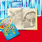 Text: "SCUBA CATS" und "...HUGE UNDERSEA CRIMINAL HEADQUARTERS!" Zwei bunte Katzen in Taucheranzügen. Comic-Stil.