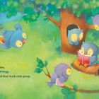 Text: "From barns, from tree holes, Owls would swoop-swoop to the monthly meeting of their book club group."

Illustration: Niedliche Eulen lesen auf Bäumen und Wiese.