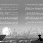 Text: Zwei Kinder erleben ein Abenteuer über den Dächern der Stadt, betrachten den großen Fluss und die Lichter Liverpools. Silhouette von Kränen und Gebäuden im Hintergrund.